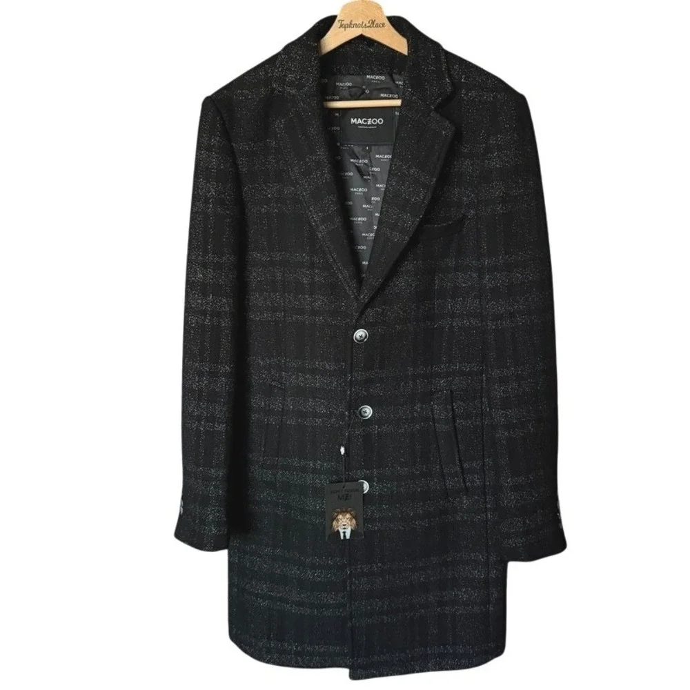 $798 MACEOO Men's Gray Plaid‎ Wool Warm Peacoat Size Small